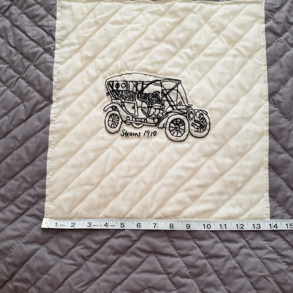 King Queen Quilt Embroidered Antique Cars Grey White Hand Stitched Needlepoint